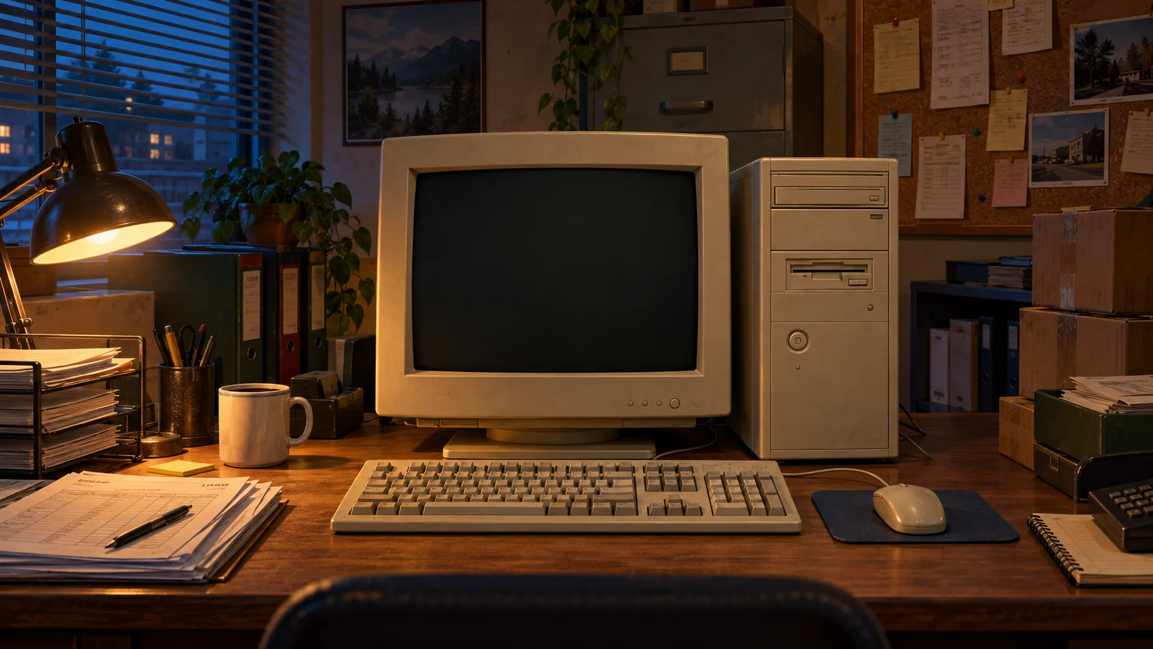 A dim 1998 back office: a yellowed CRT and PC tower on a desk crowded with inventory printouts, a keyboard, and a coffee mug.